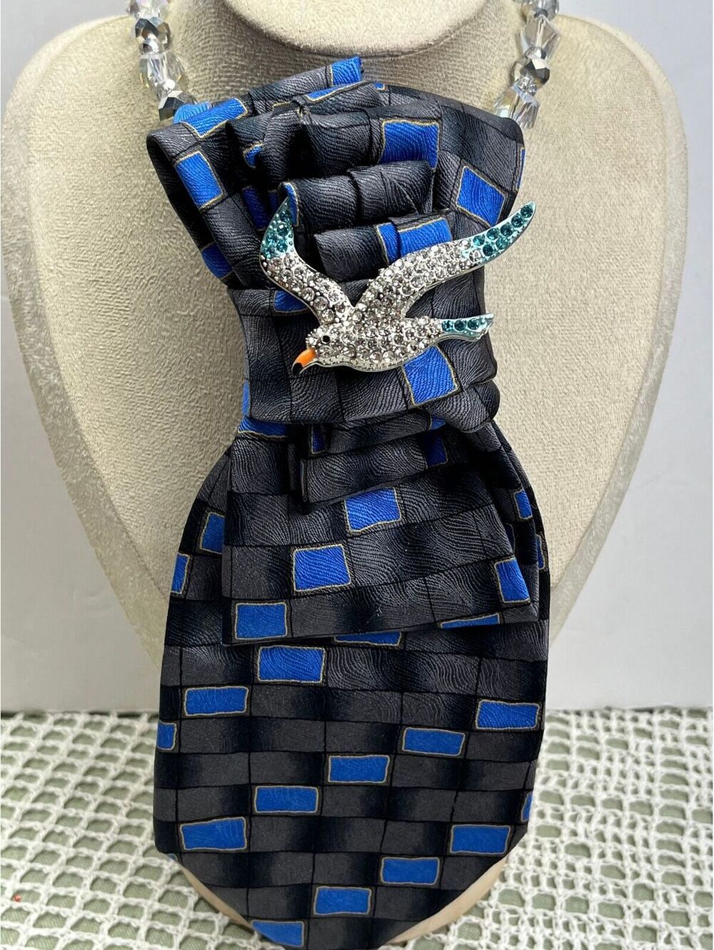 #521 Neck Tie Necklace Blue & Grey Rhinestone Bird Classy